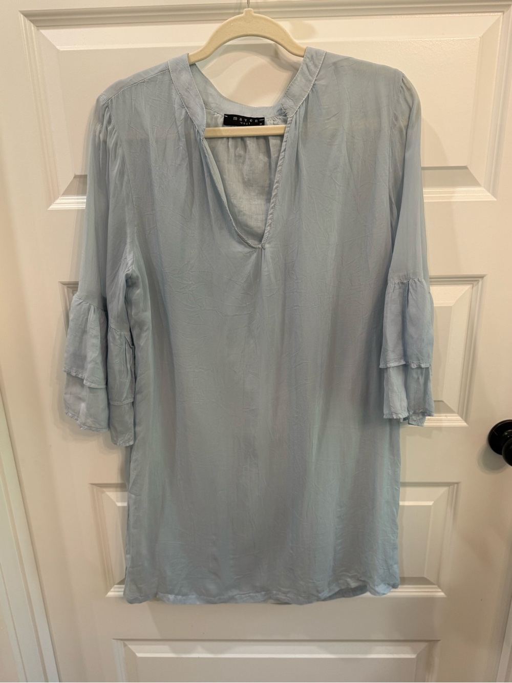 Maven West Blue Cupro 3/4 Tiered Ruffle Sleeve V-Neck Shift Mini Dress Medium